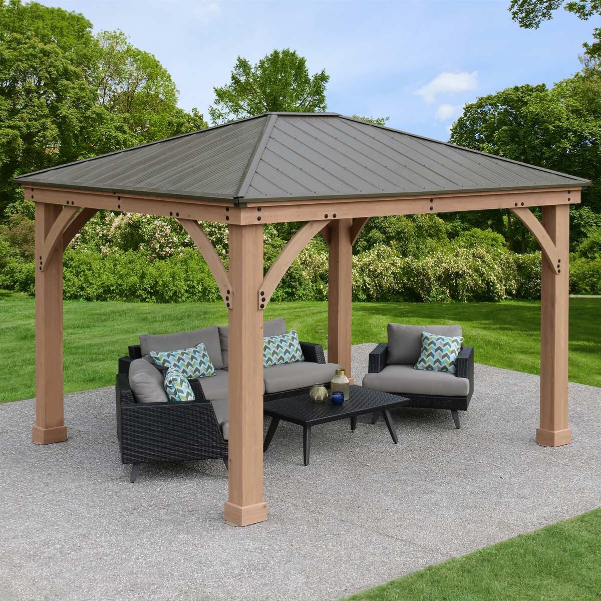 Yardistry 10 x 12ft (3 x 3.7m) Wooden Gazebo with Peaked Aluminium Solid Roof