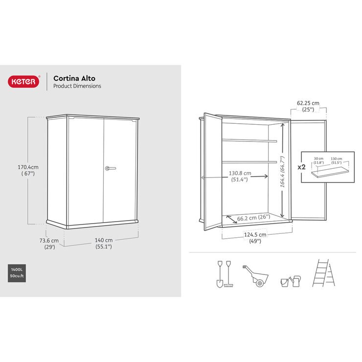 Keter Cortina Alto 4ft 6" x 2ft 4" (1.4 x 0.7m) 1,415 Litre Vertical Storage Shed with Shelves Keter Cortina Alto 4ft 6" x 2ft 4" (1.4 x 0.7m) 1,415 Litre Vertical Storage Shed with Shelves