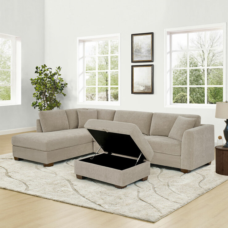 Thomasville Walsen Grey Fabric Corner Sofa with Storage Ottoman, Left Hand Facing