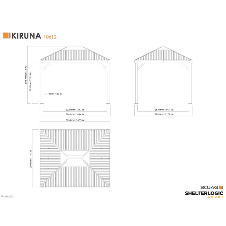 Sojag Kiruna 10ft x 12ft (3 x 3.64m) Aluminium Frame Sun Shelter with Galvanised Steel Roof + Insect Netting