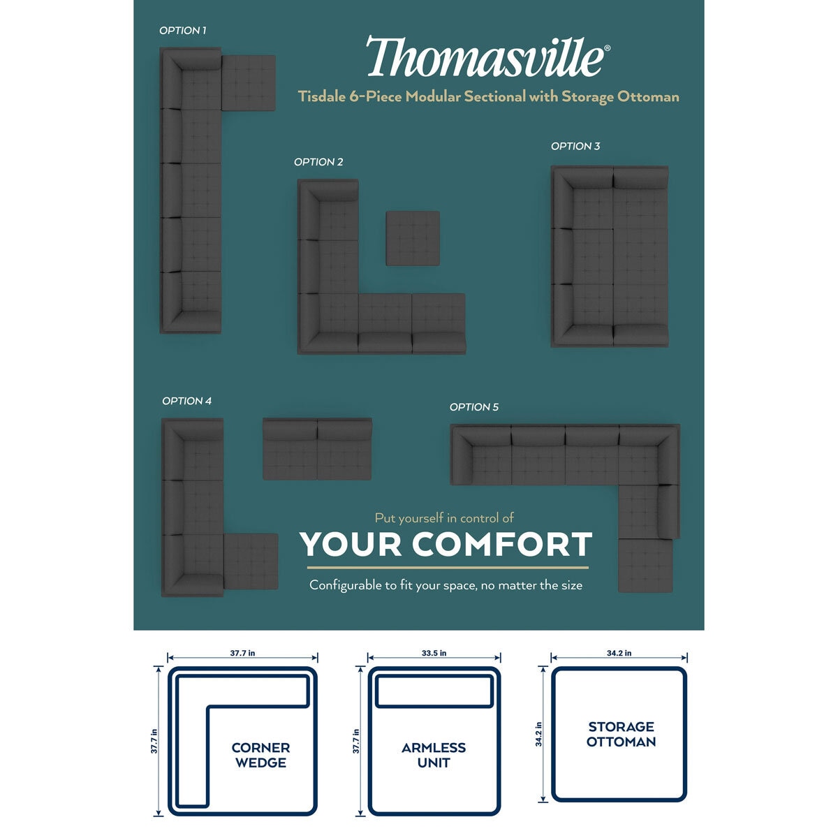 Thomasville Tisdale Blue 6 Piece Modular Fabric Sofa