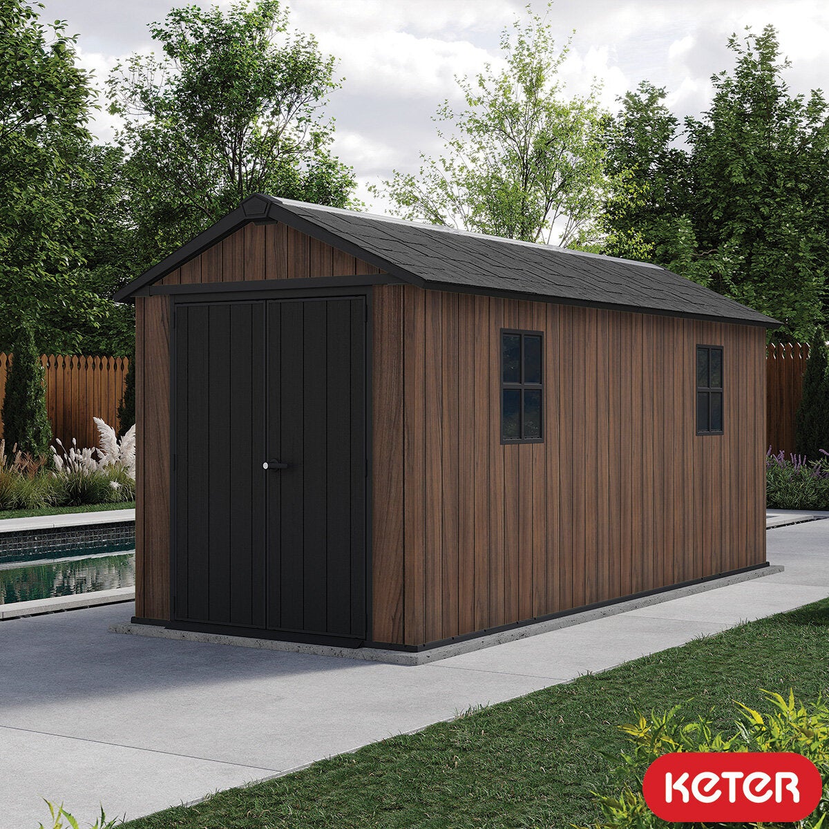 Keter Rosewood 7ft 6" x 15ft 6" (2.3 x 4.7m) Storage Shed with Front Entry Keter Rosewood 7ft 6" x 15ft 6" (2.3 x 4.7m) Storage Shed with Front Entry