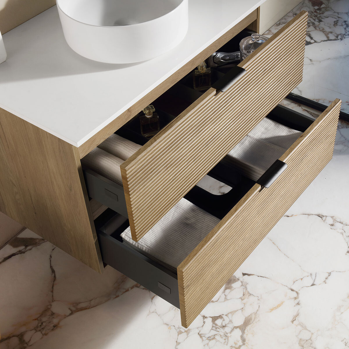 Ove Archie 900mm Wide Wall Mounted Vanity with 2 Drawers in Natural Oak