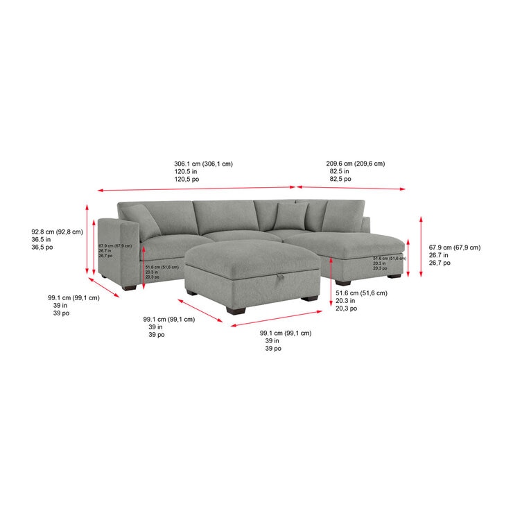 Thomasville Holmes Grey Fabric 3 Piece Sectional Sofa with Storage Ottoman
