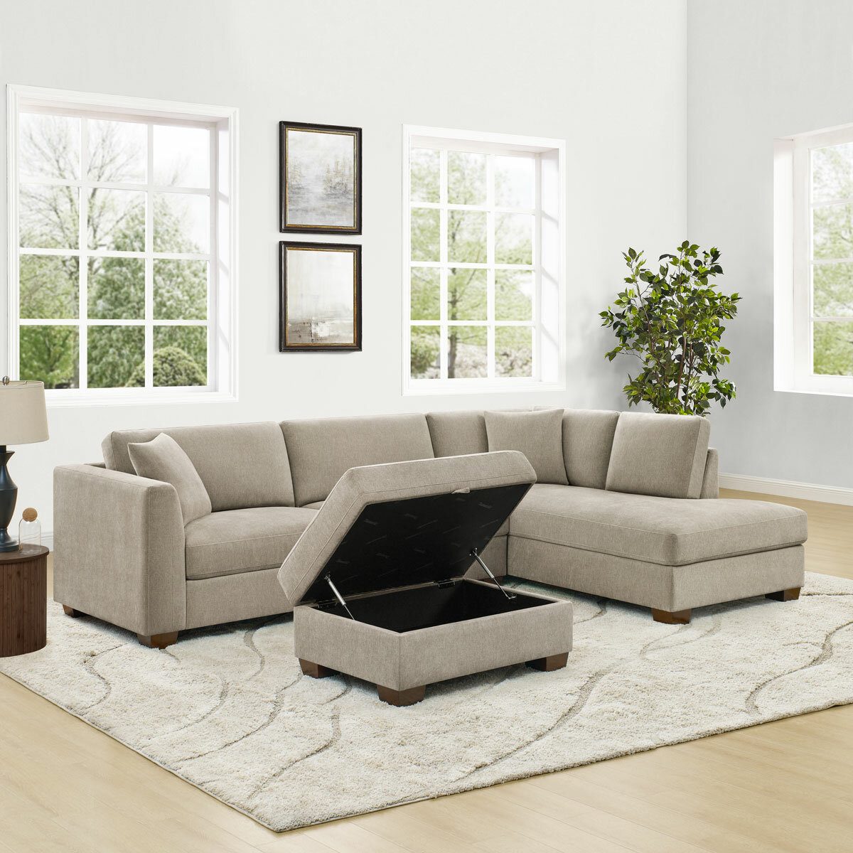 Thomasville Walsen Grey Fabric Corner Sofa with Storage Ottoman, Right Hand Facing
