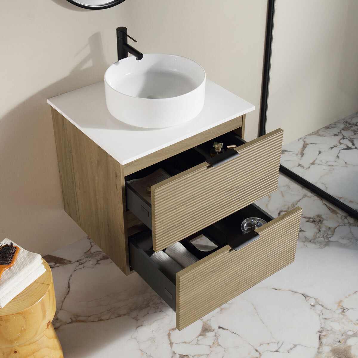 Ove Archie 600mm Wide Wall Mounted Vanity with 2 Drawers in Natural Oak