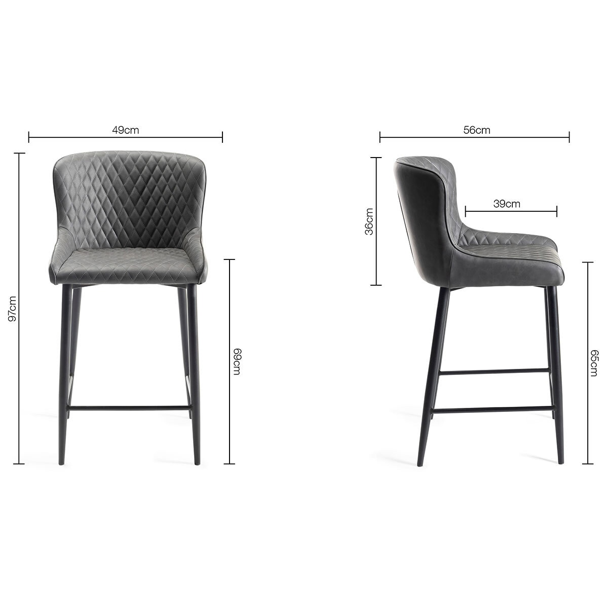 Finch Grey Faux Leather Diamond Stitch Bar Stool, 2 Pack
