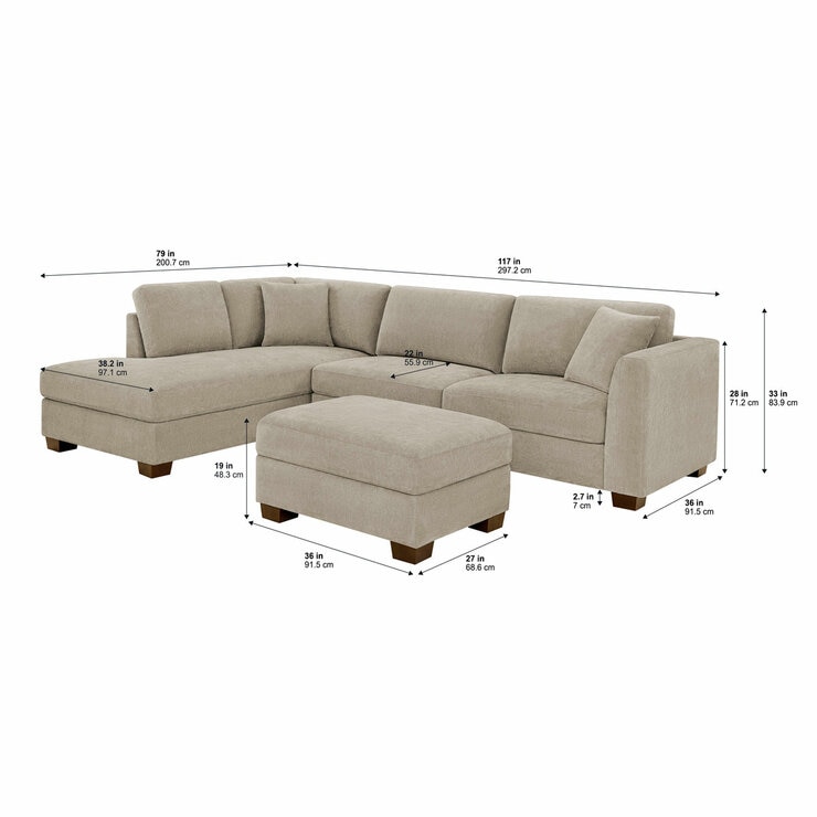 Thomasville Walsen Grey Fabric Corner Sofa with Storage Ottoman, Left Hand Facing