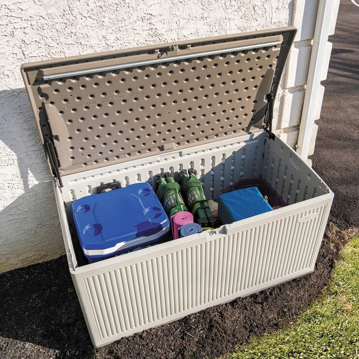 Suncast 4ft 7" x 2ft 5" (1.4 x 0.7m) Horizontal 605 Litre Extra Large Outdoor Storage Deck Box Suncast 4ft 7" x 2ft 5" (1.4 x 0.7m) Horizontal 605 Litre Extra Large Outdoor Storage Deck Box