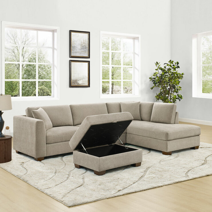 Thomasville Walsen Grey Fabric Corner Sofa with Storage Ottoman, Right Hand Facing
