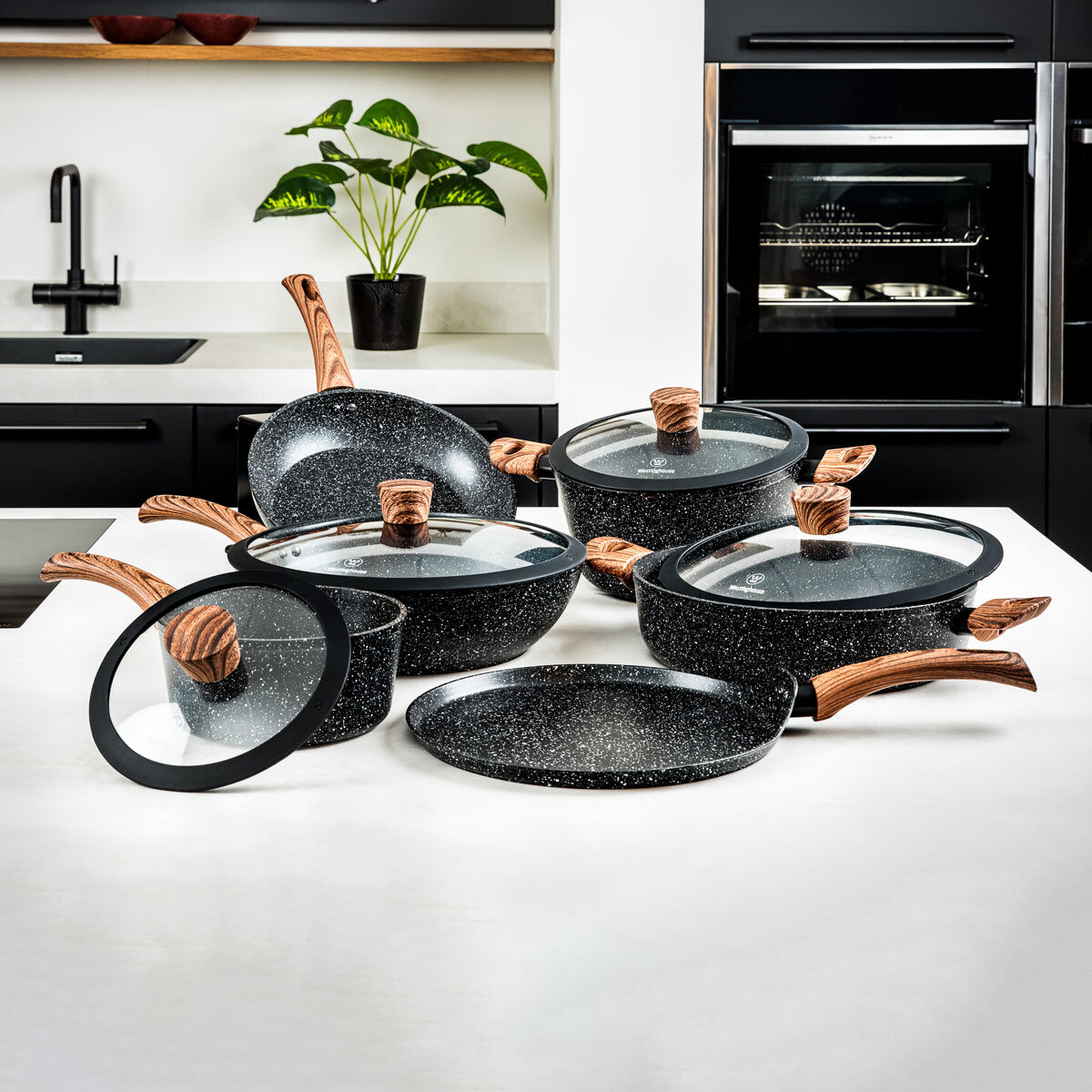 Westinghouse Special Edition Cookware Set, Wood Effect Soft Touch Handles, 11 Piece