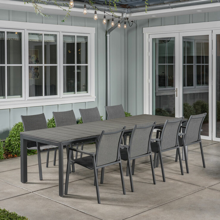 SunVilla Dark Forest 9 Piece Extending Sling Dining Patio Set + Cover