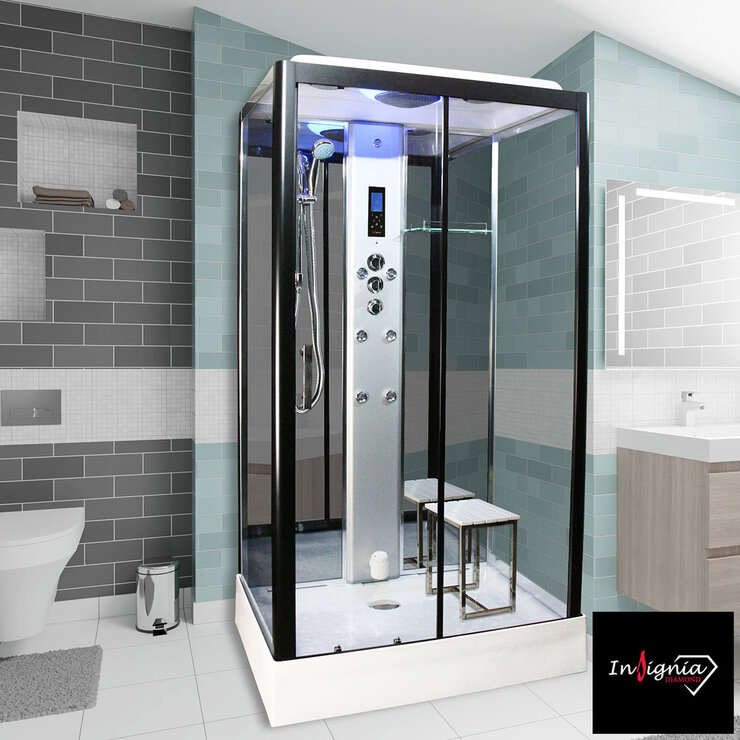 Insignia Diamond 1050 x 850mm Rectangular Steam Shower with Black Frame Insignia Diamond 1050 x 850mm Rectangular Steam Shower with Black Frame
